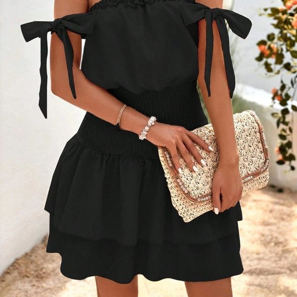 Black Boho Womens Off Shoulder Knot Side Ruffle Hem Dress - Picture 4 of 5
